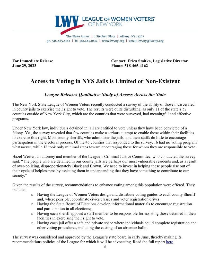 Access to Voting in NYS Jails is Limited or Non-Existent