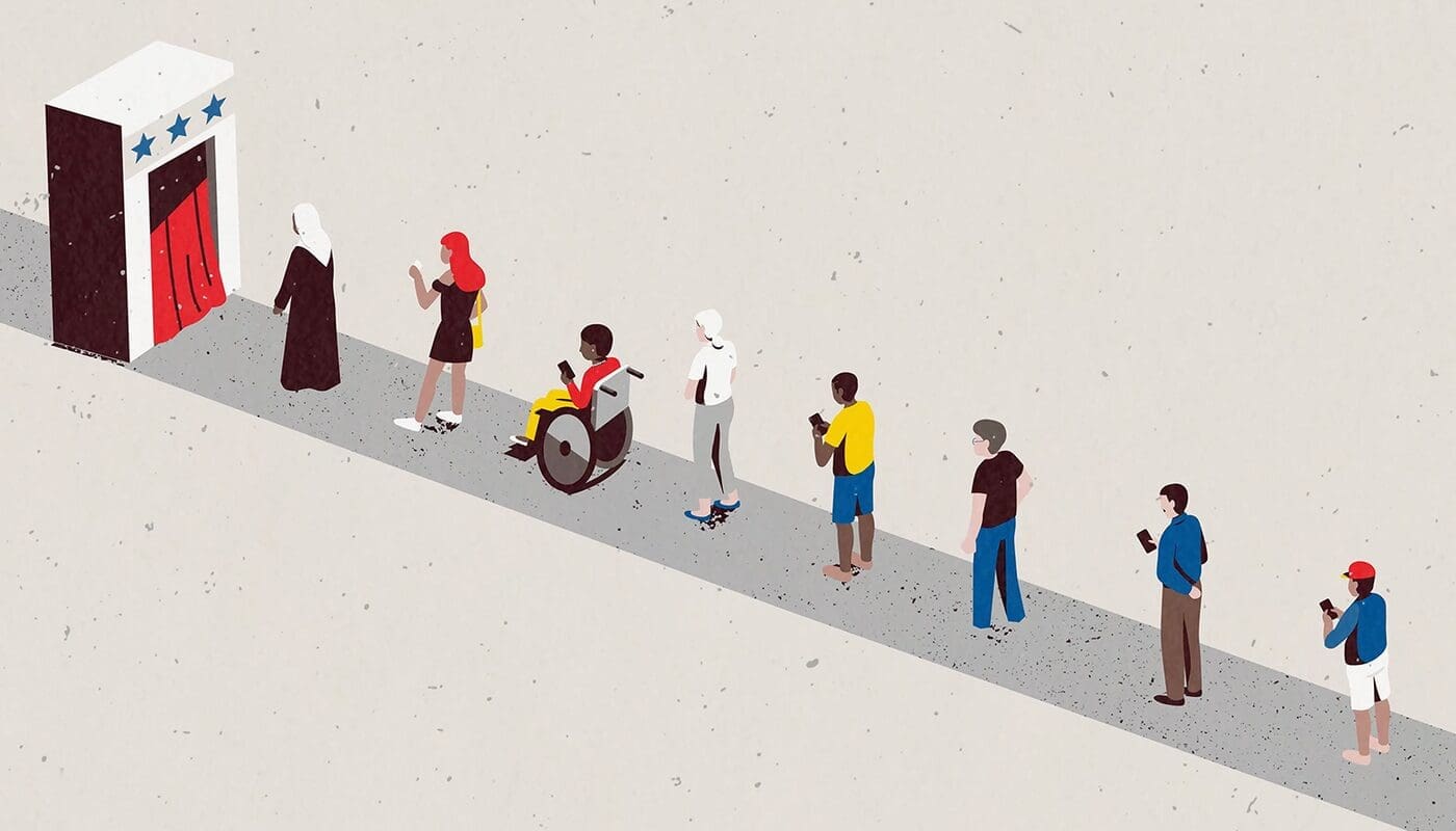 A group of disabled people are standing in a line.