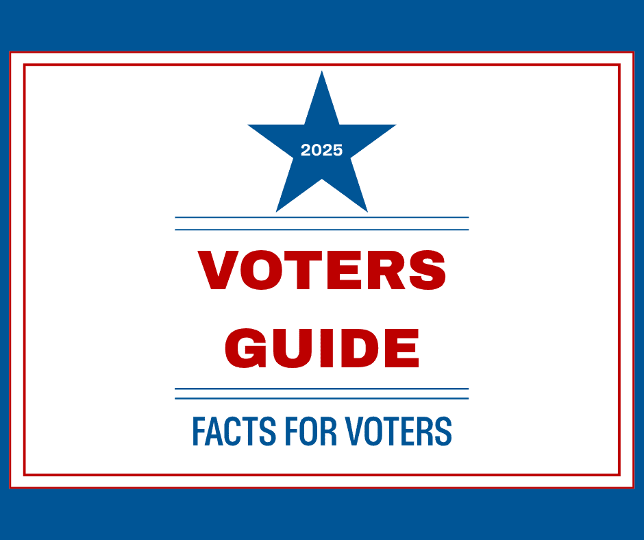 A white poster with a blue star labeled "2025" and large red text reading "Voters Guide" above smaller blue text that says "Facts for Voters.