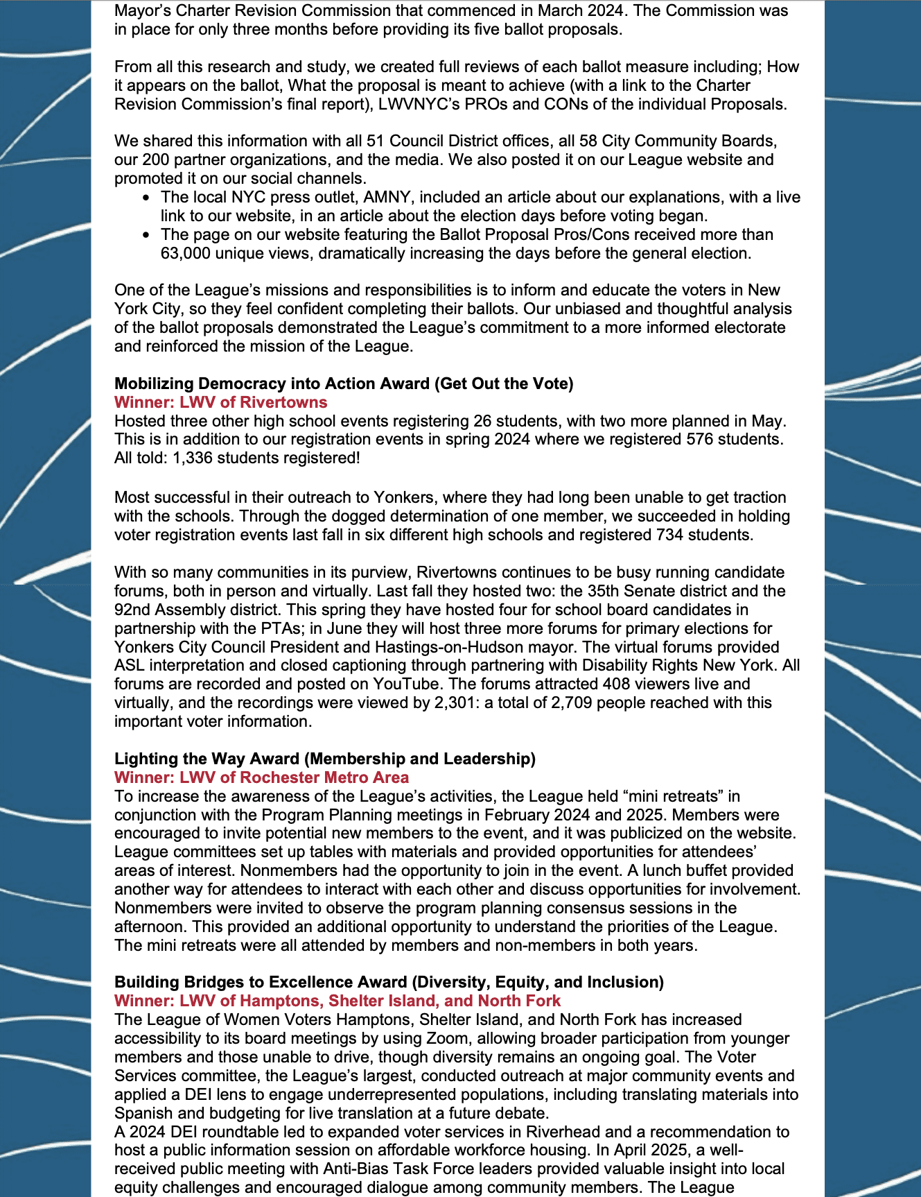 A League of Women Voters NYC newsletter page details their Charter Revision outreach, summarizing ballot measures, research, and public information strategies with key outcomes in a red-blue layout.