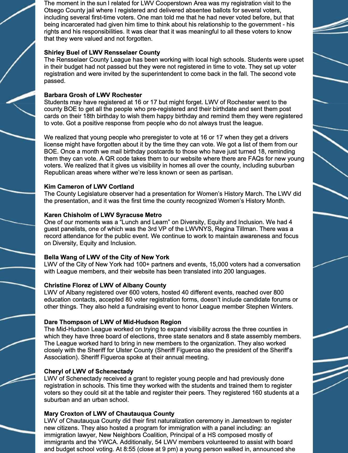 A printed document features statements from League of Women Voters members describing efforts to help with voter registration and civic engagement in New York State communities.