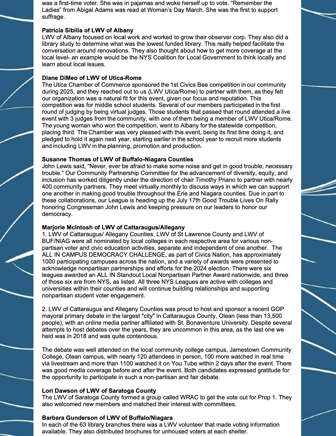 A page from a newsletter featuring stories about local League of Women Voters (LWV) activities, events, and community recognition in New York State.