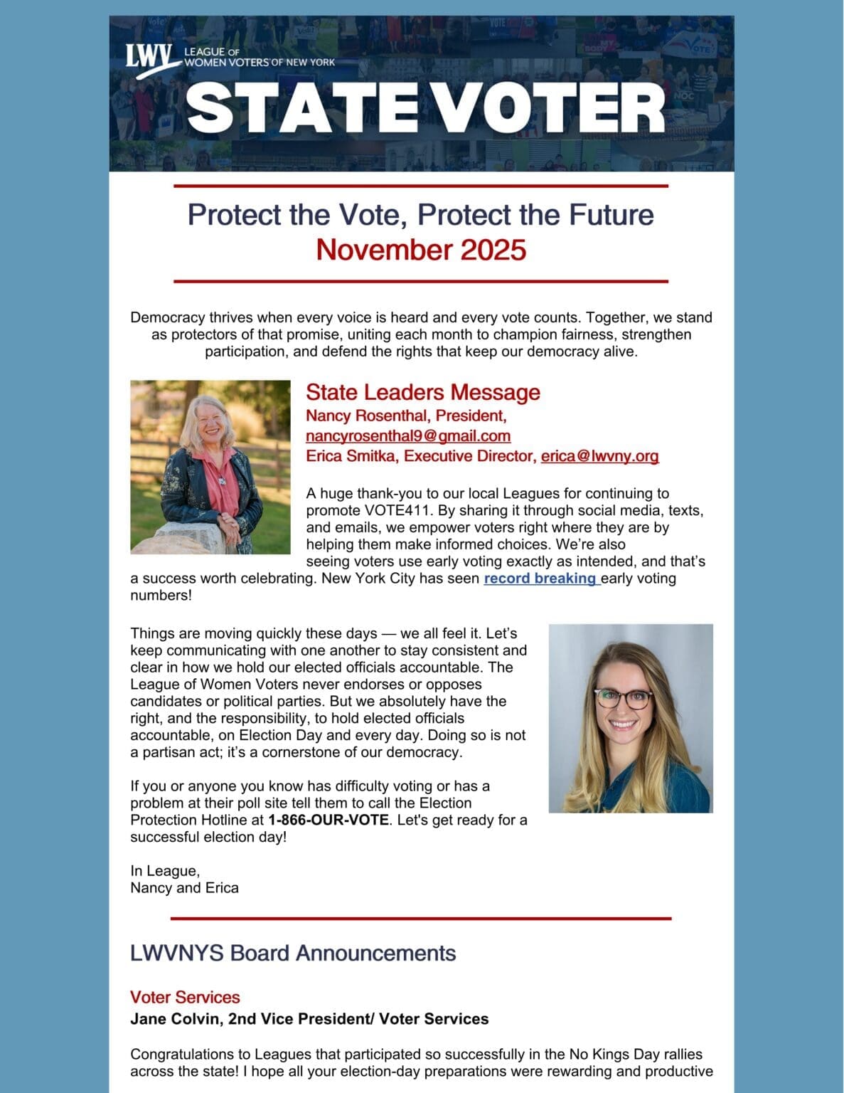 A newsletter titled "STATE VOTER" from the League of Women Voters of New York, dated November 2025, discussing voter protection and featuring leader messages and a photo of a woman.