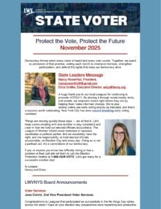 A newsletter titled "STATE VOTER" from the League of Women Voters of New York, dated November 2025, discussing voter protection and featuring leader messages and a photo of a woman.