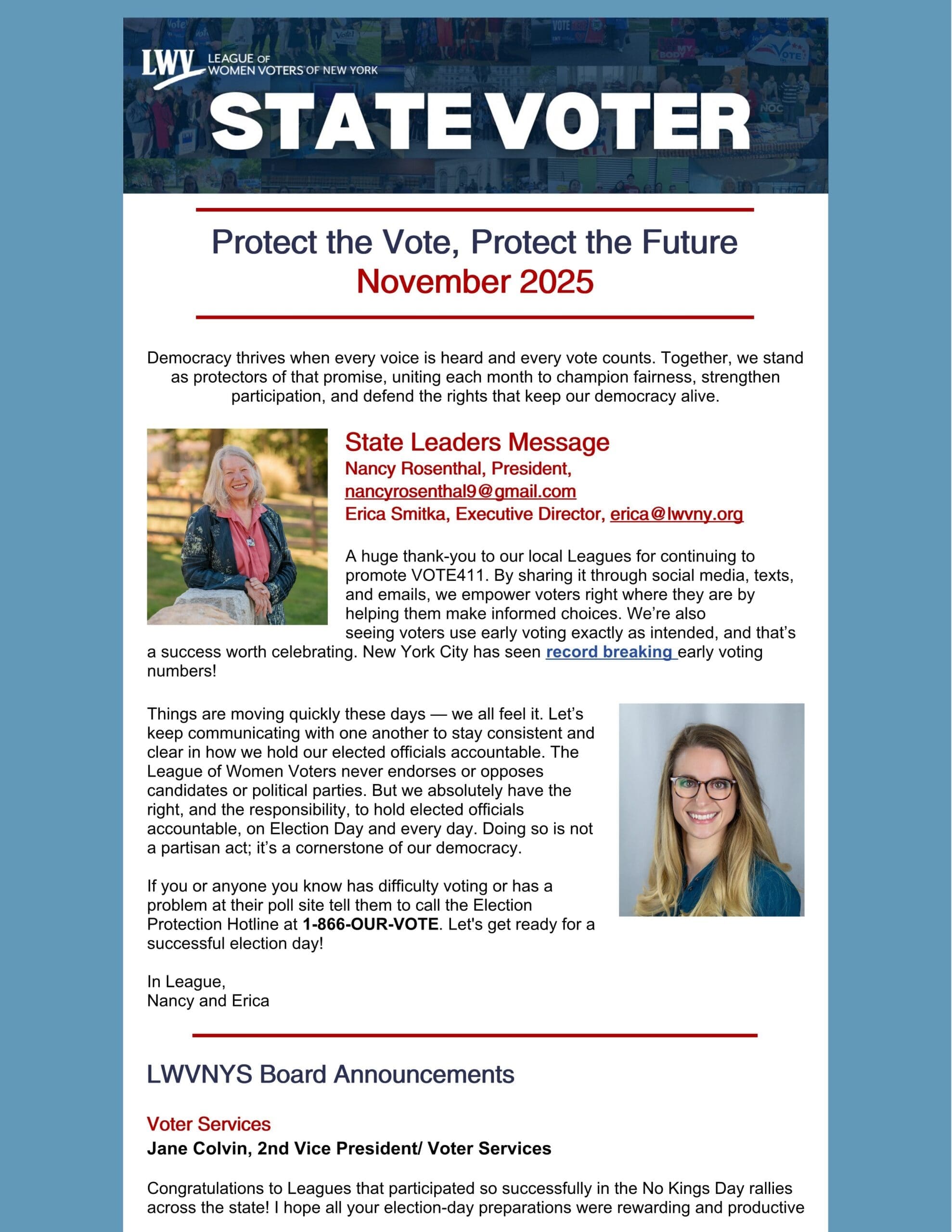 A newsletter titled "STATE VOTER" from the League of Women Voters of New York, dated November 2025, discussing voter protection and featuring leader messages and a photo of a woman.