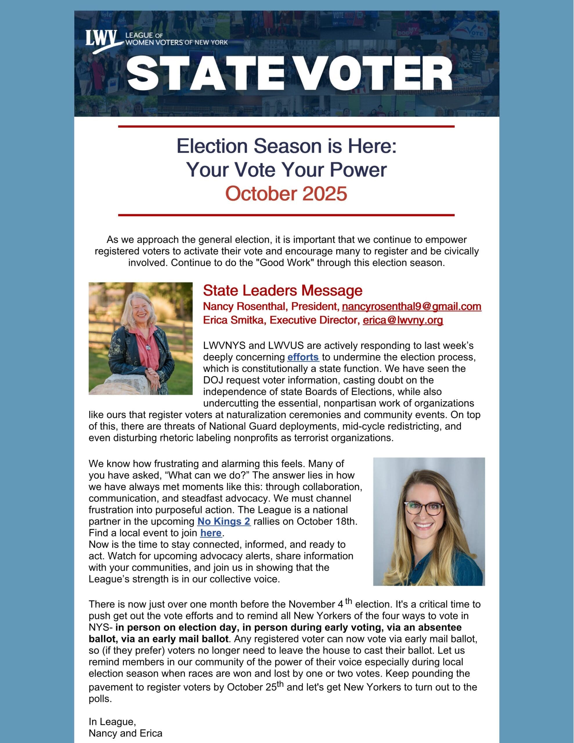 A newsletter titled "STATE VOTER" features messages about voter empowerment, election season, registration details, and a letter from New York LWV leaders Nancy Rosenthal and Erica Smith.