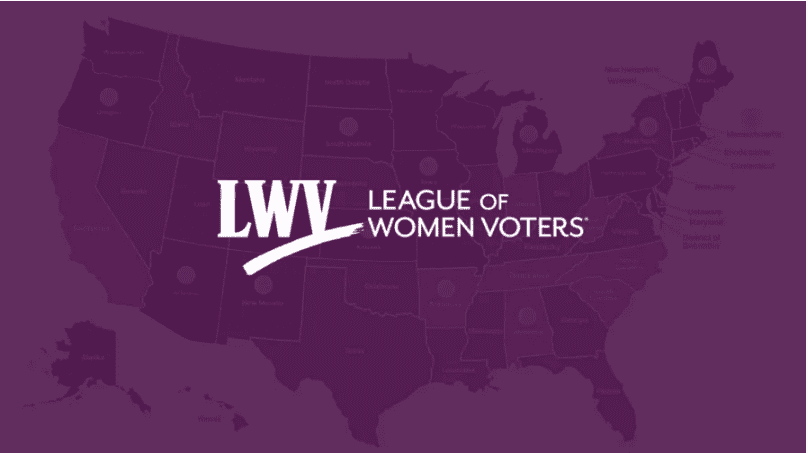 Purple U.S. map background with "LWV League of Women Voters" logo in white centered over the map.