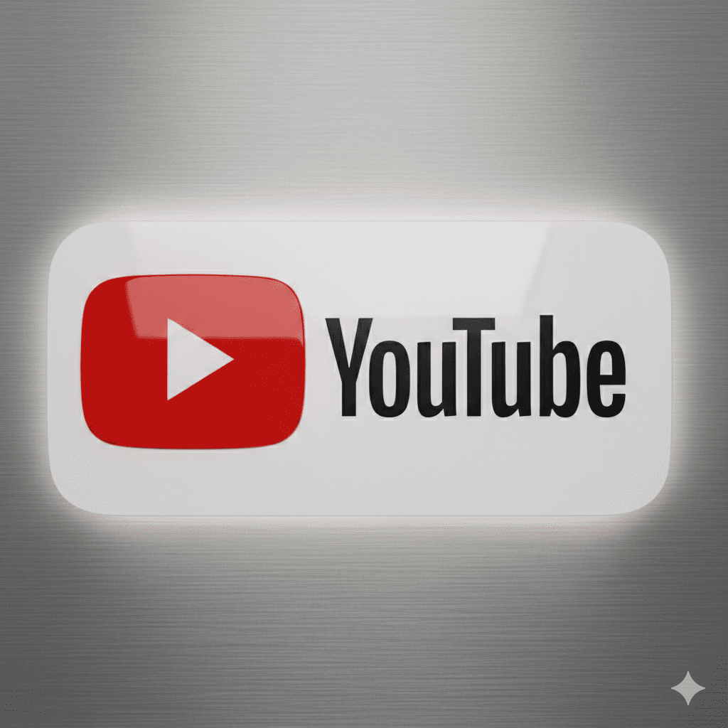A YouTube logo sign featuring a red play button and the word "YouTube" on a white background, mounted on a metallic wall.