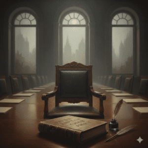 A large empty chair at the head of a long conference table, with a closed book titled "Earth City Policy" and a quill on the table, cityscape visible through tall windows.