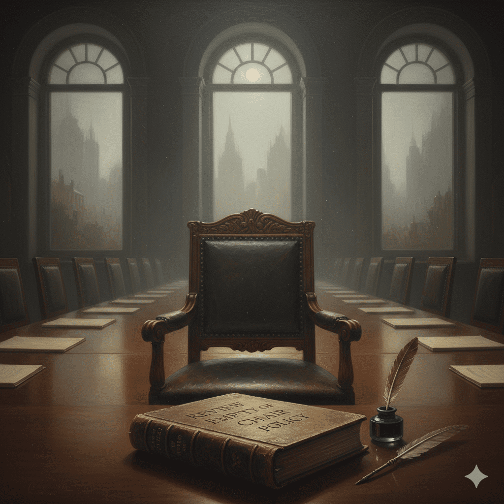 A large empty chair at the head of a long conference table, with a closed book titled "Earth City Policy" and a quill on the table, cityscape visible through tall windows.