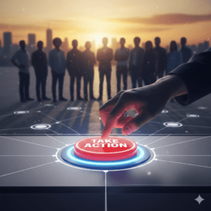 A hand presses a red "TAKE ACTION" button on a digital interface, with a group of people standing in the background against a city skyline at sunset.