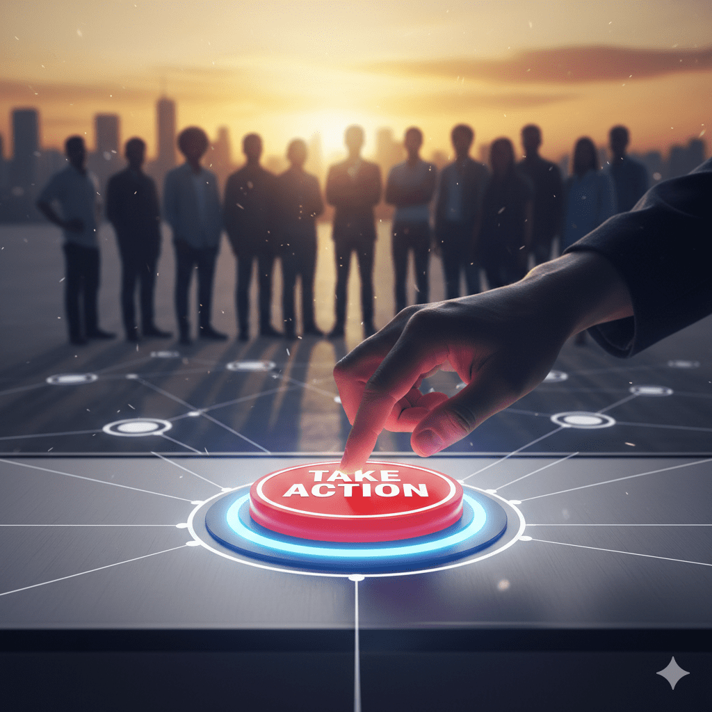 A hand presses a red "TAKE ACTION" button on a digital interface, with a group of people standing in the background against a city skyline at sunset.