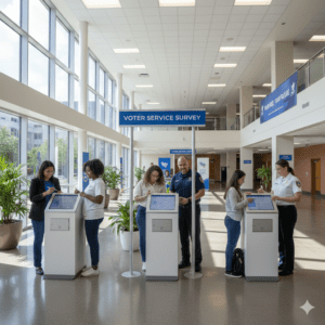 Five people use touchscreen kiosks labeled "Voter Service Survey" in a bright, modern lobby with large windows and indoor plants.