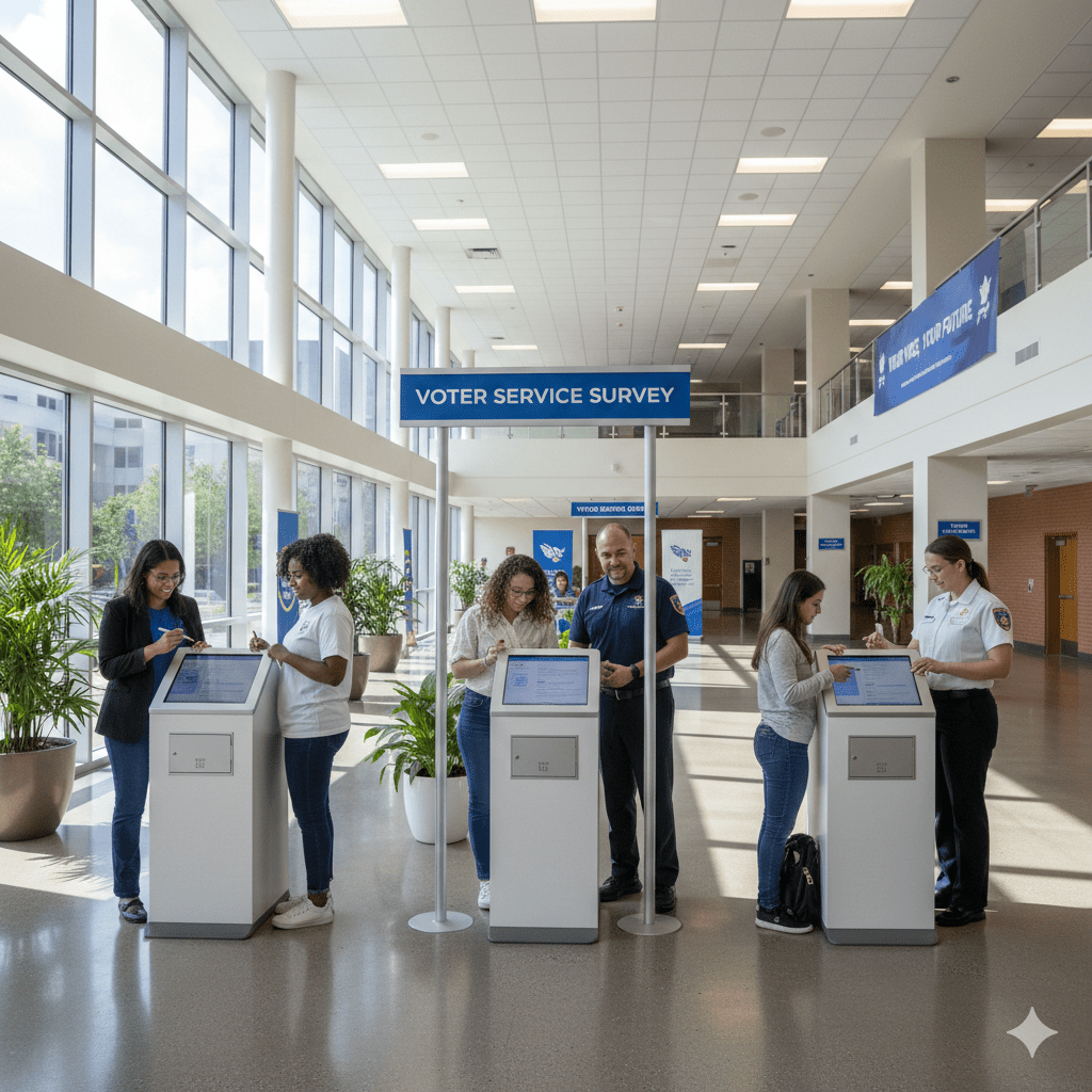 Five people use touchscreen kiosks labeled "Voter Service Survey" in a bright, modern lobby with large windows and indoor plants.