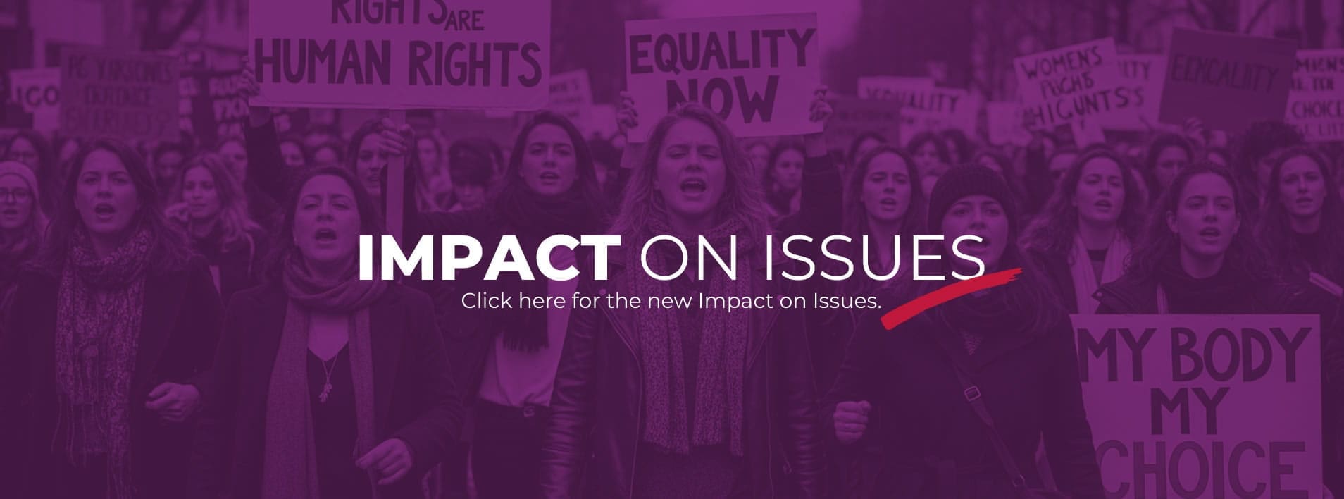 A group of women march holding protest signs about equality and human rights; overlaid text reads “IMPACT ON ISSUES.”.